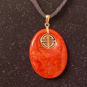 Orange Coral and 14K Gold Chinese Pendant, 1-1/4"